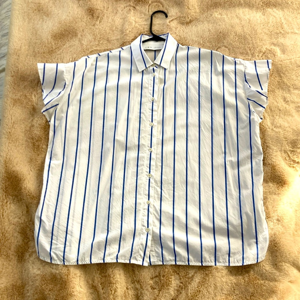 IRO Oversized Blue Striped Shirt with Ruffle Sleeves